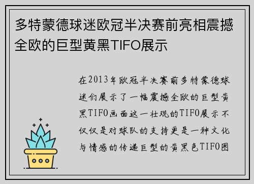 多特蒙德球迷欧冠半决赛前亮相震撼全欧的巨型黄黑TIFO展示
